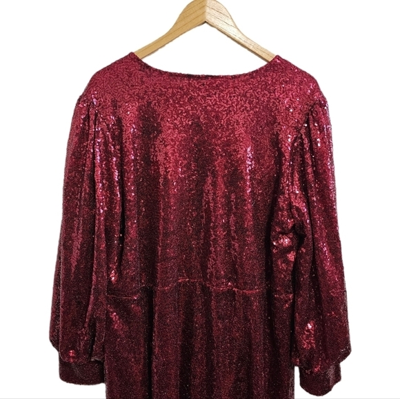 Eloquii cherry burgundy red sequins puff long sleeve v-neck midi wrap dress 20 - Picture 12 of 15